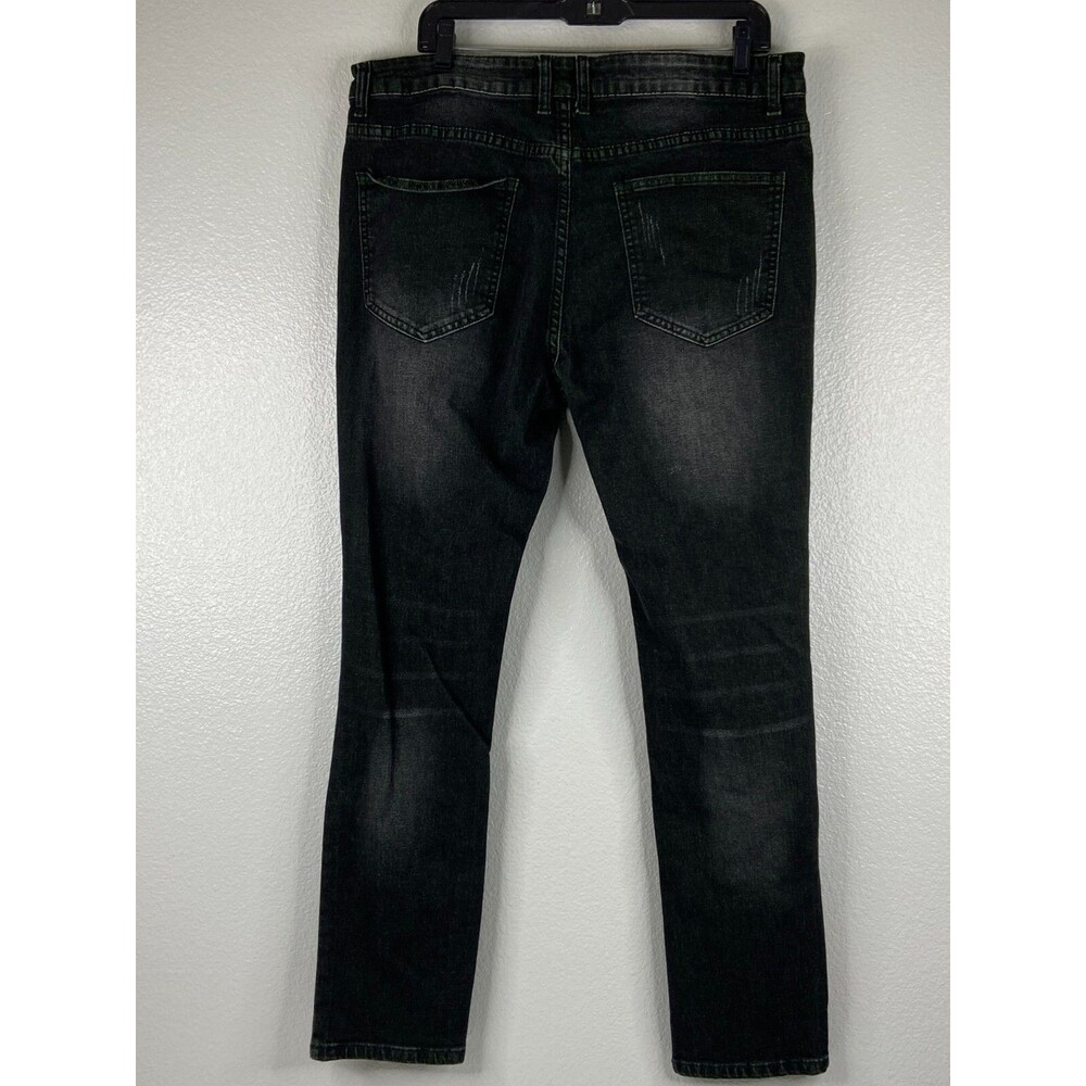 Men 36/29 Black Stretch Denim Jeans Green Distressed Urban Wear - Picture 5 of 9